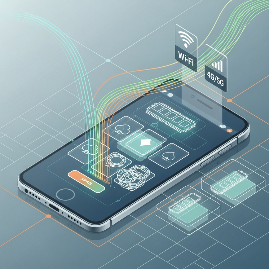 Illustrates the key factors affecting mobile casino performance: device requirements (RAM, storage) and network connectivity (Wi-Fi/4G/5G speeds).