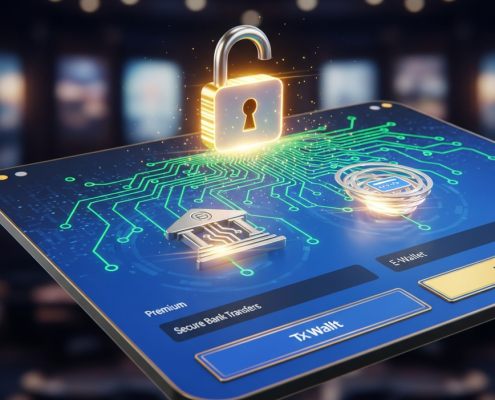 A modern, high-tech digital interface representing a secure online casino payment system in Malaysia, featuring abstract data flow, padlock icons, and subtle casino elements, symbolizing safe deposits and fast withdrawals.