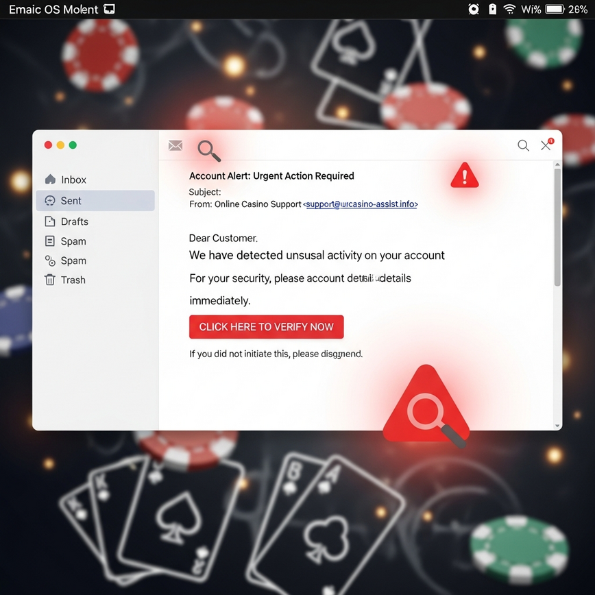 Illustrates the visual red flags of a phishing email, helping players identify suspicious messages targeting online casino accounts.
