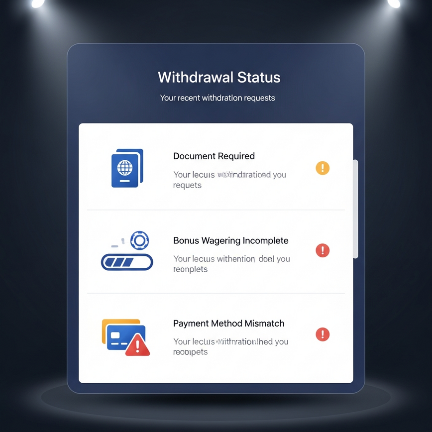 Visualizes the common reasons for withdrawal delays, such as account verification, bonus wagering, and payment method issues, presented as a user dashboard.