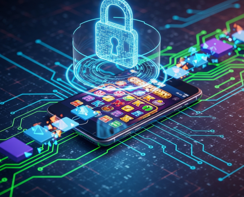 A secure mobile casino interface on a smartphone, surrounded by digital shields, encrypted data streams, and padlock icons, symbolizing robust data protection and safe mobile gaming.