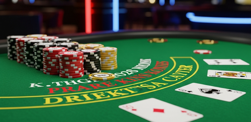 A premium online blackjack game interface showing a player's hand and a dealer's up-card on an emerald green virtual felt table, with virtual chips in the betting area, set against a blurred modern digital casino lobby background.