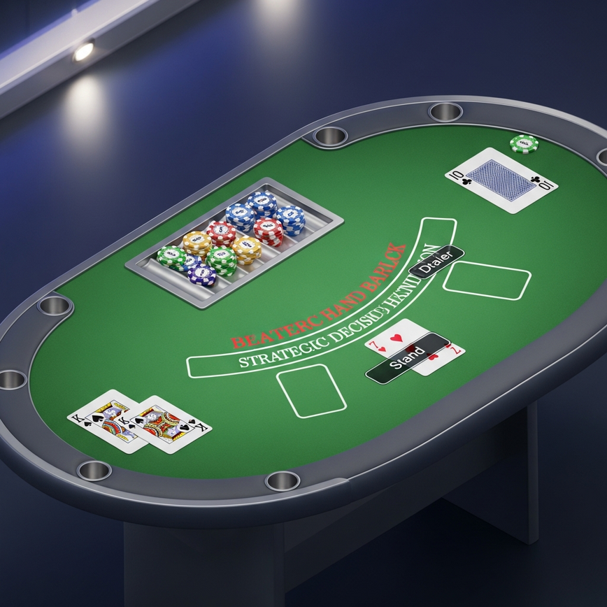 Visual representation of applying basic strategy to maximize blackjack odds, showing an optimal 'Stand' decision for a hard 17.