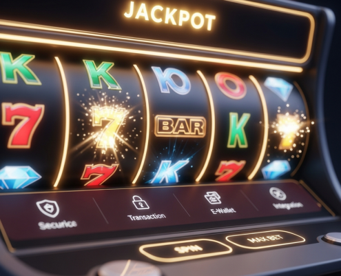 Vibrant online slot machine interface with spinning reels, glowing winning symbols, and subtle secure payment icons, representing the cost of playing online slots in Malaysia.