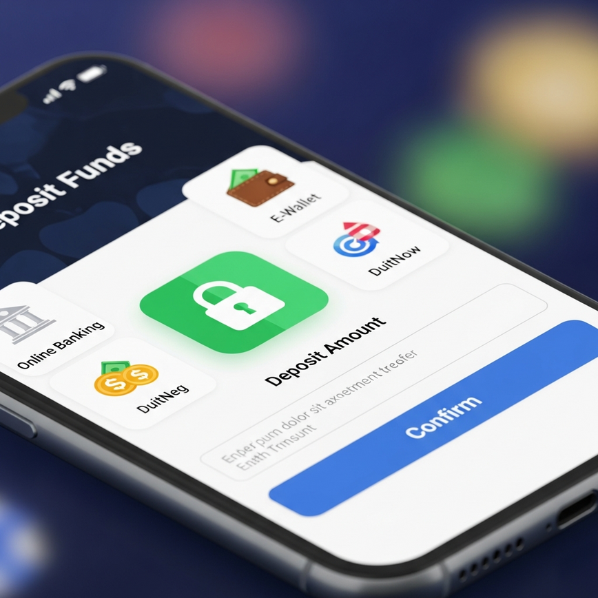 To visually represent the safe and easy process of depositing funds into an online betting account using Malaysian-friendly payment methods.