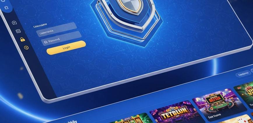 Sleek, secure online casino platform interface with a digital shield icon, representing the battle-tested security and trustworthiness of an established operator with over 10 years of experience.