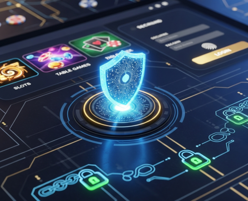 Digital interface of a secure online casino platform featuring a prominent shield icon, generic game thumbnails, and secure transaction symbols, embodying player protection and trust.