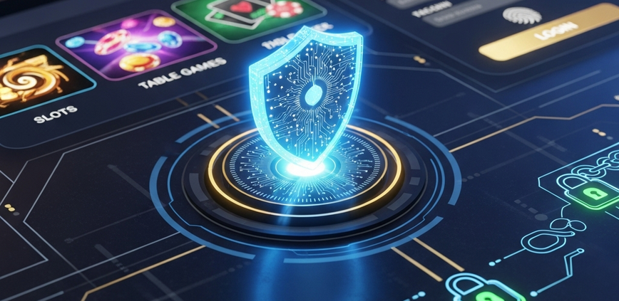 Digital interface of a secure online casino platform featuring a prominent shield icon, generic game thumbnails, and secure transaction symbols, embodying player protection and trust.