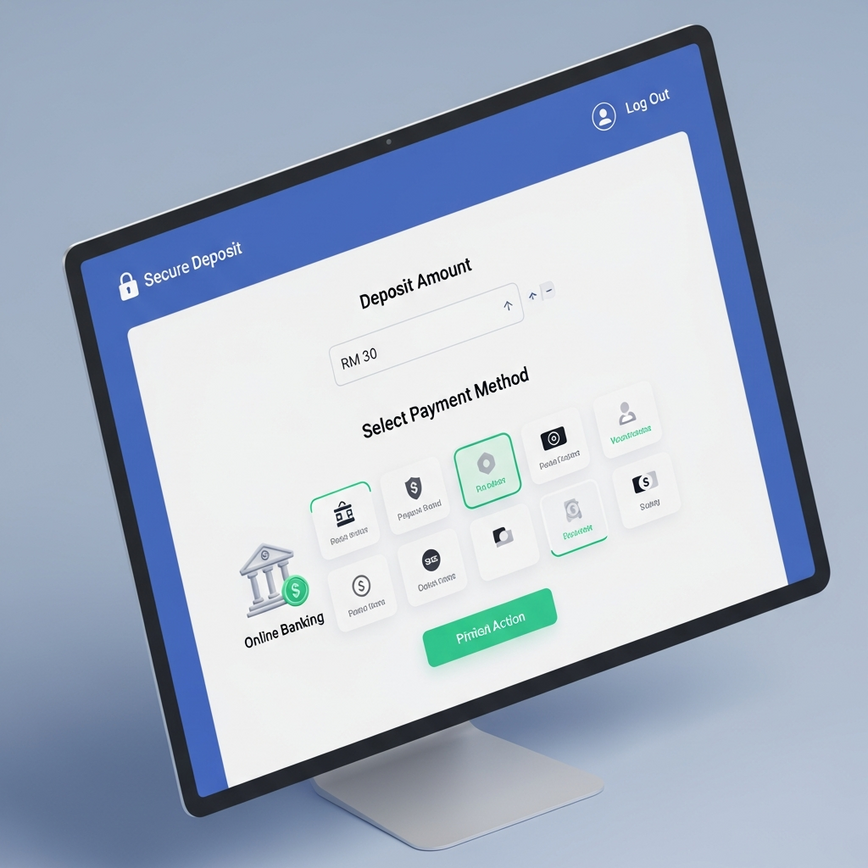 Illustrates the secure and easy process of making a first deposit on the online betting platform, showcasing various Malaysian payment methods.