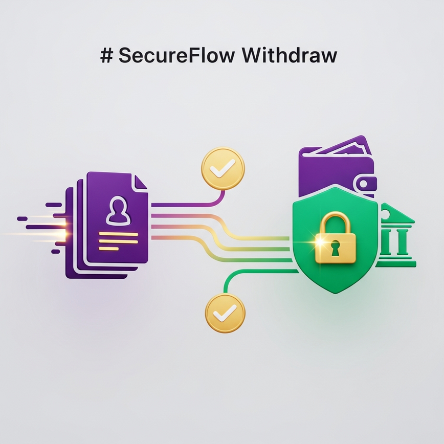 Visualizes the KYC (Know Your Customer) and AML (Anti-Money Laundering) processes and the secure, fast withdrawal of winnings, emphasizing identity verification and financial protection.