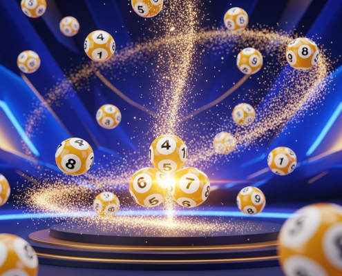 Dynamic photorealistic rendering of glowing 4D lottery balls forming a winning number, set against a luxurious digital backdrop, representing the excitement of Magnum 4D.