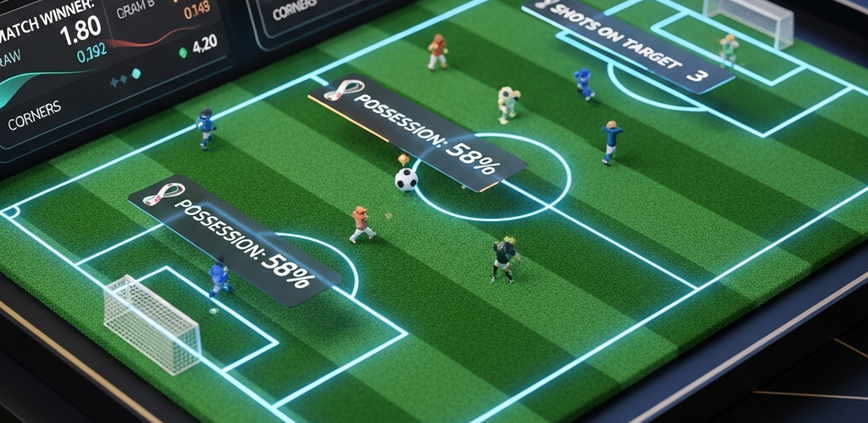 Dynamic online sports betting interface for the FIFA World Cup 2026, showing live match data, secure transaction symbols, and a 24/7 support icon, representing fast and reliable emergency help for bettors in Malaysia.