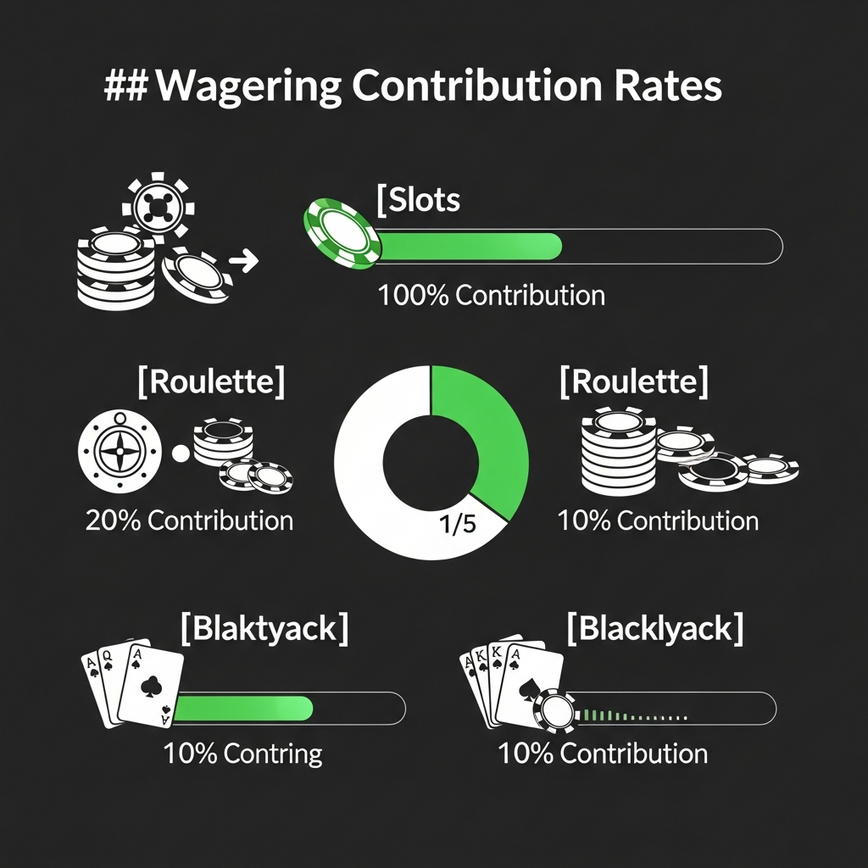 Illustrates how different casino games contribute varying percentages to wagering requirements, making it clear which games are more efficient for clearing bonuses.