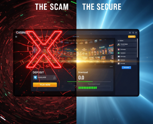 Visual representation of online casino scam red flags contrasted with a secure, legitimate online gaming platform, featuring warning signs and security symbols.