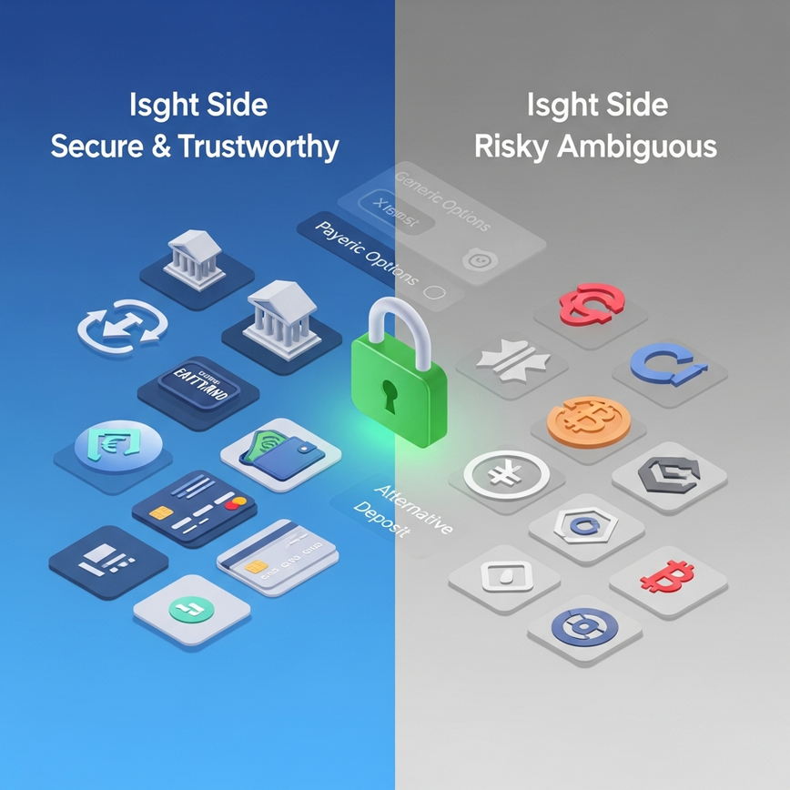 描绘了合法赌场提供的安全、多样的支付方式与诈骗网站上常见的有限、无法追踪的选项之间的对比。