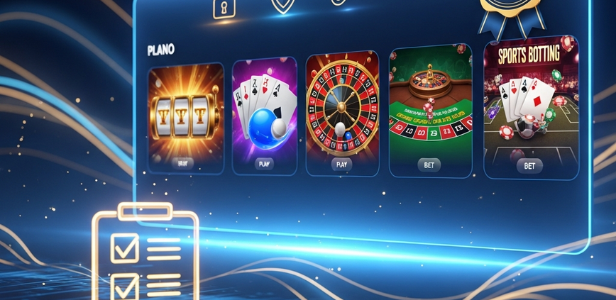 A glowing 'Verified' badge and security icons overlaid on a sleek online casino interface, symbolizing legitimacy and trust in online gaming platforms.