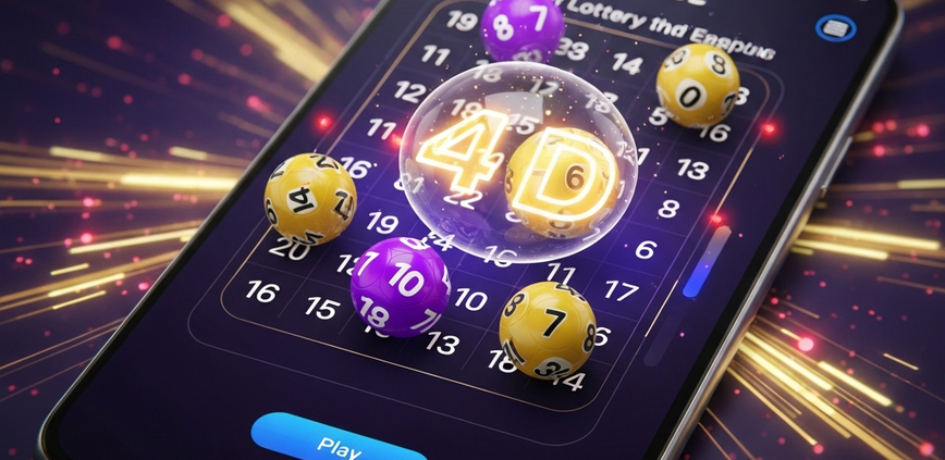 Vibrant mobile app interface for online 4D lottery with virtual lottery balls and winning numbers displayed, representing secure and convenient gaming in Malaysia.