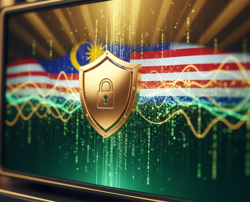 Stylized gold shield with a digital padlock over a sleek online casino interface, symbolizing security and licensing for Malaysian players, set in a luxurious, high-tech environment with subtle Malaysian color accents.