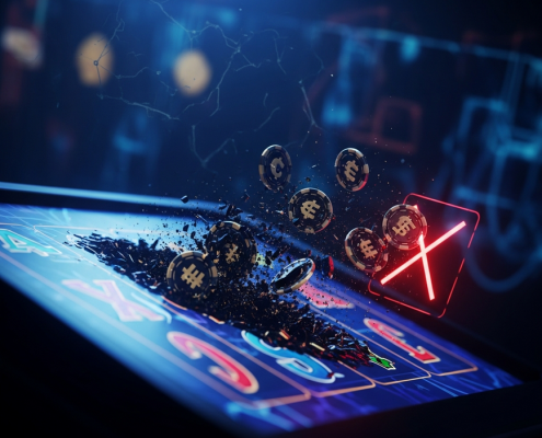 Visually striking digital art showing virtual casino chips dissolving into a dark void on a deceptive online slot machine interface, symbolizing stolen winnings from a fraudulent casino. A red warning symbol is subtly integrated.