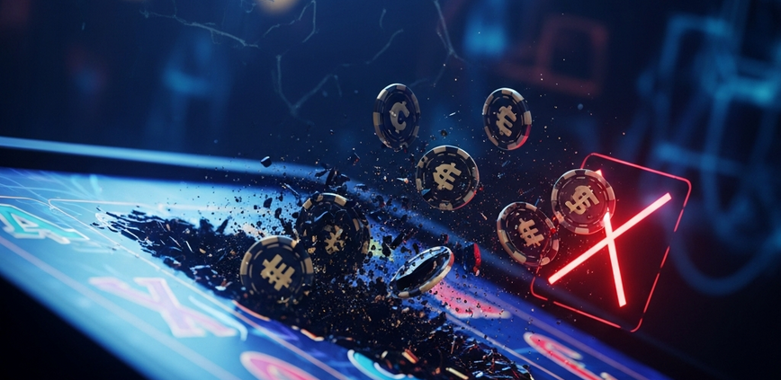 Visually striking digital art showing virtual casino chips dissolving into a dark void on a deceptive online slot machine interface, symbolizing stolen winnings from a fraudulent casino. A red warning symbol is subtly integrated.