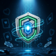 A glowing digital security shield emblem surrounded by data streams, representing robust online casino security and data protection in a high-tech environment.