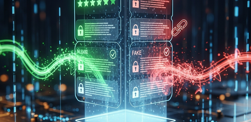 Holographic digital interface analyzing online casino reviews, with authentic reviews glowing green and fake reviews glowing red, set against a secure, high-tech background, symbolizing verification and trust.