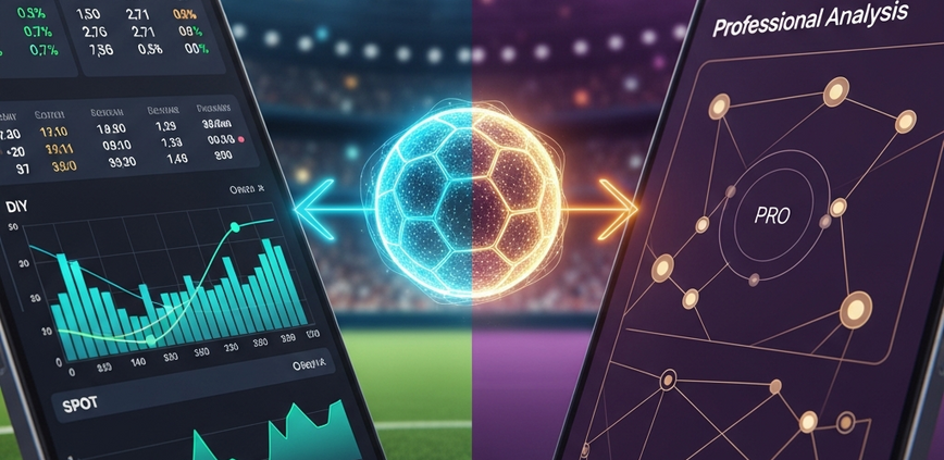 Dynamic visual illustrating the choice between DIY and professional World Cup football betting, showing a split screen with a data-rich mobile betting interface on one side and an abstract expert analysis dashboard on the other, set against a blurred football stadium background.