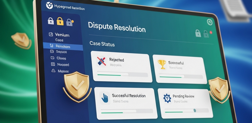 Digital interface of an online casino dispute resolution portal with abstract legal symbols, secure padlock icons, and verification badges, conveying trust and formal resolution.