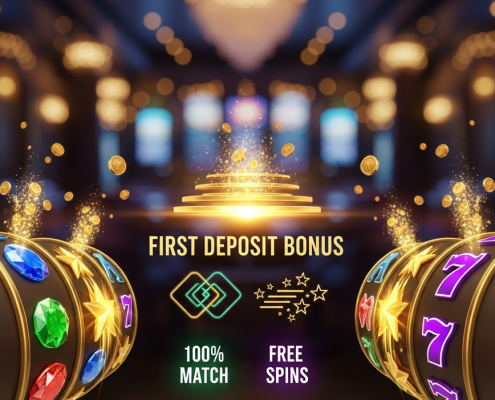 Vibrant online casino interface displaying a 'First Deposit Bonus' with match bonus and free spins indicators, surrounded by stylized slot machine elements, conveying a premium and rewarding gaming experience.