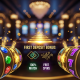 Vibrant online casino interface displaying a 'First Deposit Bonus' with match bonus and free spins indicators, surrounded by stylized slot machine elements, conveying a premium and rewarding gaming experience.