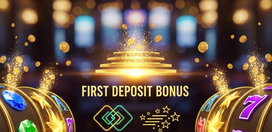 Vibrant online casino interface displaying a 'First Deposit Bonus' with match bonus and free spins indicators, surrounded by stylized slot machine elements, conveying a premium and rewarding gaming experience.