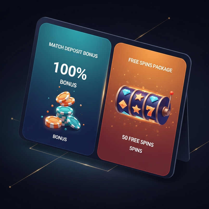 Illustrates the different types of first deposit bonuses discussed in the article, specifically match deposit bonuses and free spins packages.