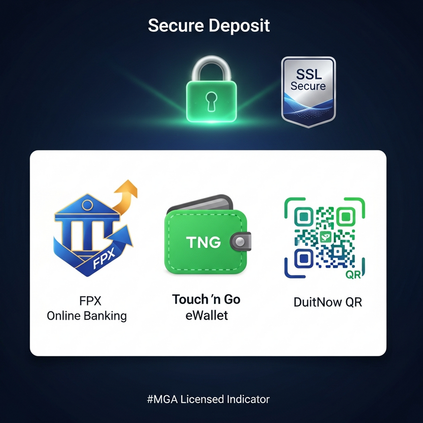Visualizes secure and convenient Malaysian payment methods for first deposits, emphasizing regulatory compliance and safety.