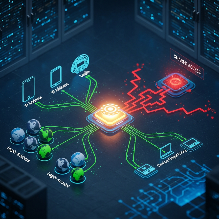 Illustrates the advanced fraud detection systems used by online casinos to identify account sharing, focusing on digital signals like IP addresses and device patterns.