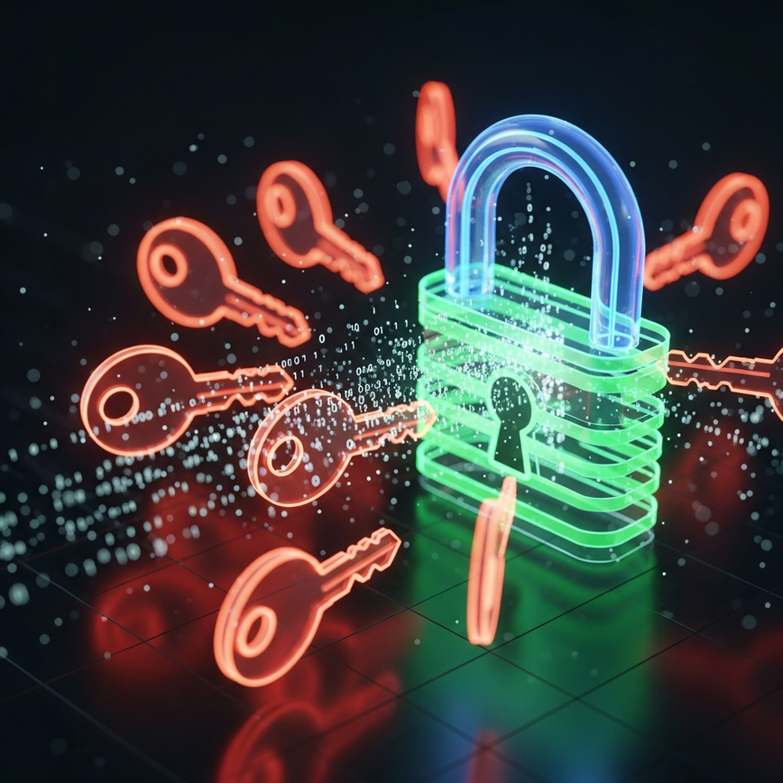Illustrates common hacking methods like credential stuffing and social engineering, showing abstract digital keys attempting to breach a secure login.
