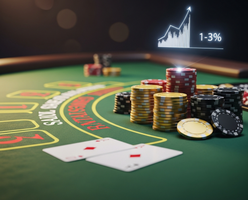 Luxurious online blackjack table with a neat stack of casino chips and playing cards, featuring a subtle digital financial graph overlay, symbolizing strategic bankroll management and responsible gaming.