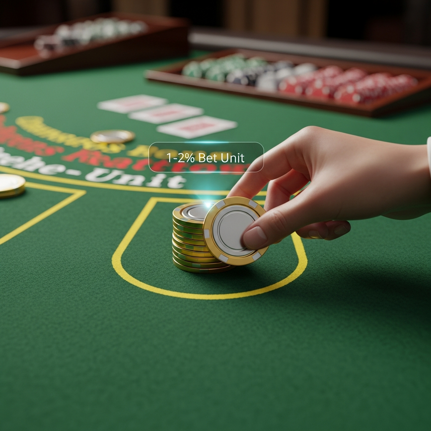 Illustrates the concept of bet sizing and session limits at a blackjack table, visually representing the '1-2% betting unit system' and responsible play.