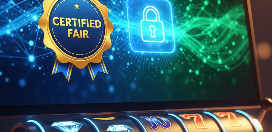 Sleek online casino interface displaying a 'Certified Fair' seal and digital padlock, with abstract data streams representing RNG, symbolizing trust and security in gaming.