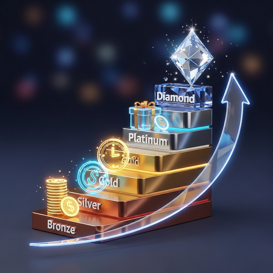 说明VIP计划的等级结构和晋升机制，展示玩家如何通过升级来解锁更丰厚的奖励。