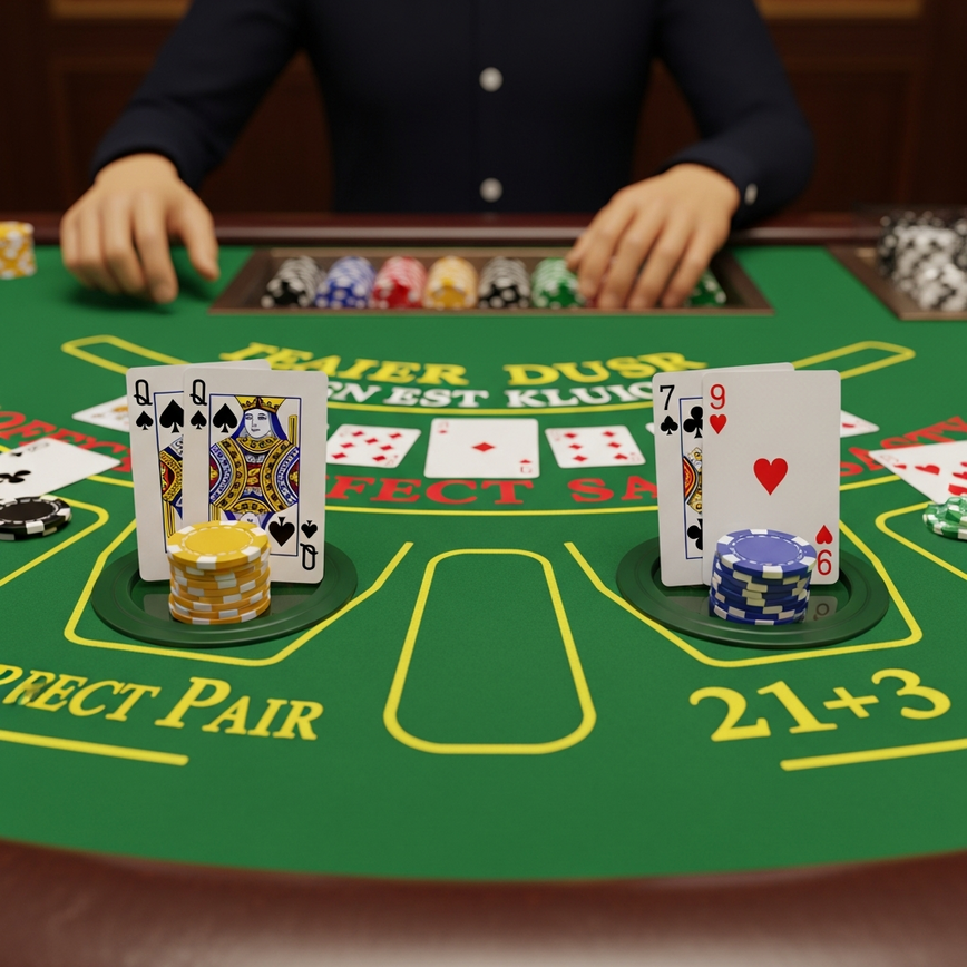 Illustrates the 'Perfect Pairs' and '21+3' blackjack side bets with specific card combinations, explaining how these popular bets work.
