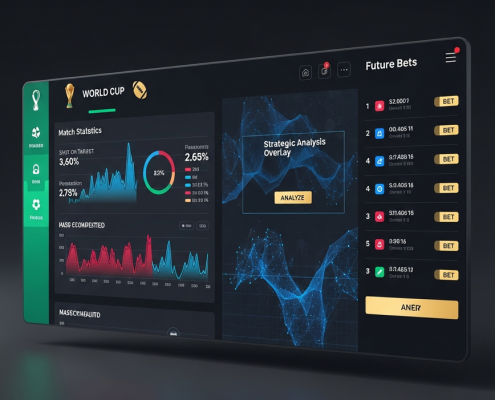A high-tech digital sports betting interface showing World Cup football statistics, dynamic odds, and analytical charts, representing strategic preparation for major tournaments.