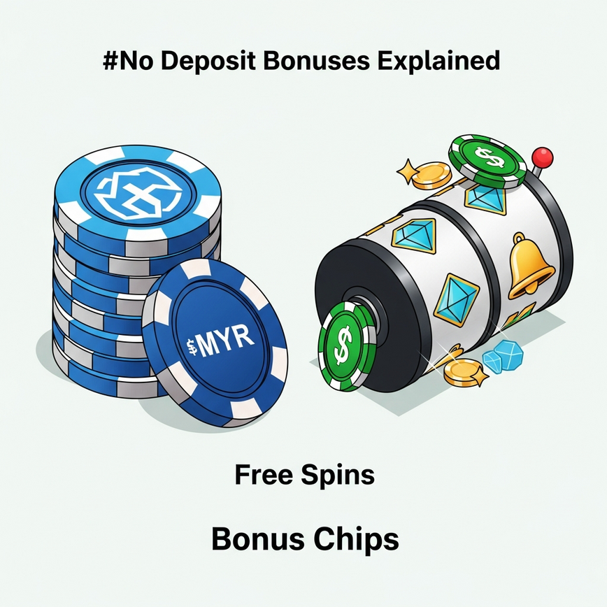 Illustrate the different types of no deposit bonuses mentioned in the article: Free Credits, Free Spins, and Free Play Time, in a clear, infographic-style digital display.