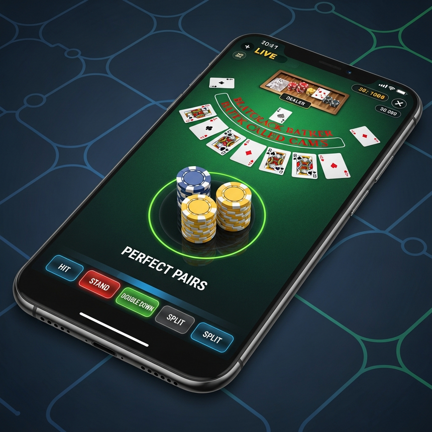 Showcases the seamless mobile gaming experience for Perfect Pairs blackjack on a smartphone interface.