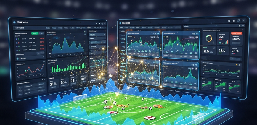 Digital interface showing advanced football betting analytics with head-to-head statistics, trend graphs, and strategic data visualization on a premium online sports betting platform.