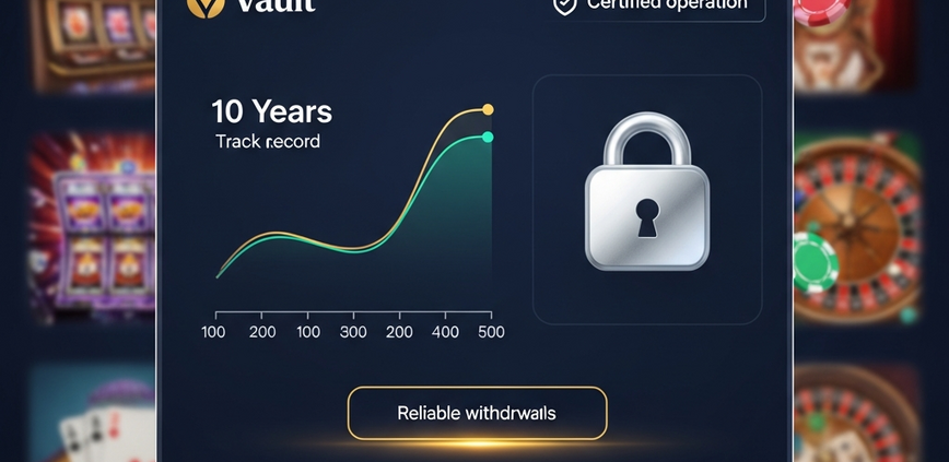 Premium online casino interface with a digital padlock and timeline graph, symbolizing a 10-year track record of trust and secure operations.