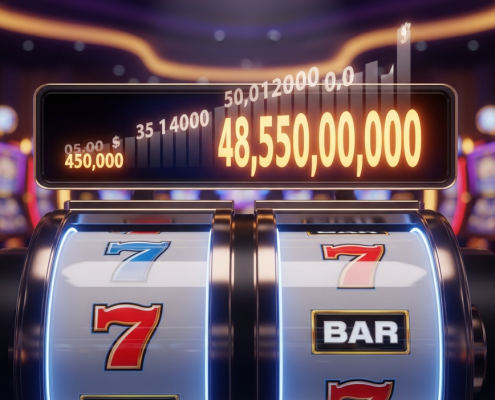 Vibrant progressive jackpot slot machine interface showing spinning reels with winning symbols and a rapidly increasing digital jackpot counter, set against a luxurious online casino background.