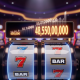 Vibrant progressive jackpot slot machine interface showing spinning reels with winning symbols and a rapidly increasing digital jackpot counter, set against a luxurious online casino background.