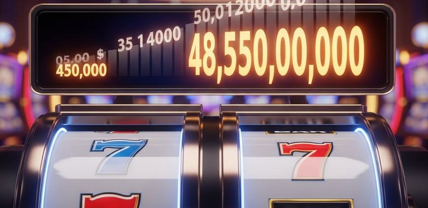 Vibrant progressive jackpot slot machine interface showing spinning reels with winning symbols and a rapidly increasing digital jackpot counter, set against a luxurious online casino background.
