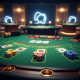 Premium online casino blackjack table showing three player hands with cards and chips, alongside a dealer's upcard, set against a blurred, luxurious live studio background, emphasizing multi-hand play strategy.