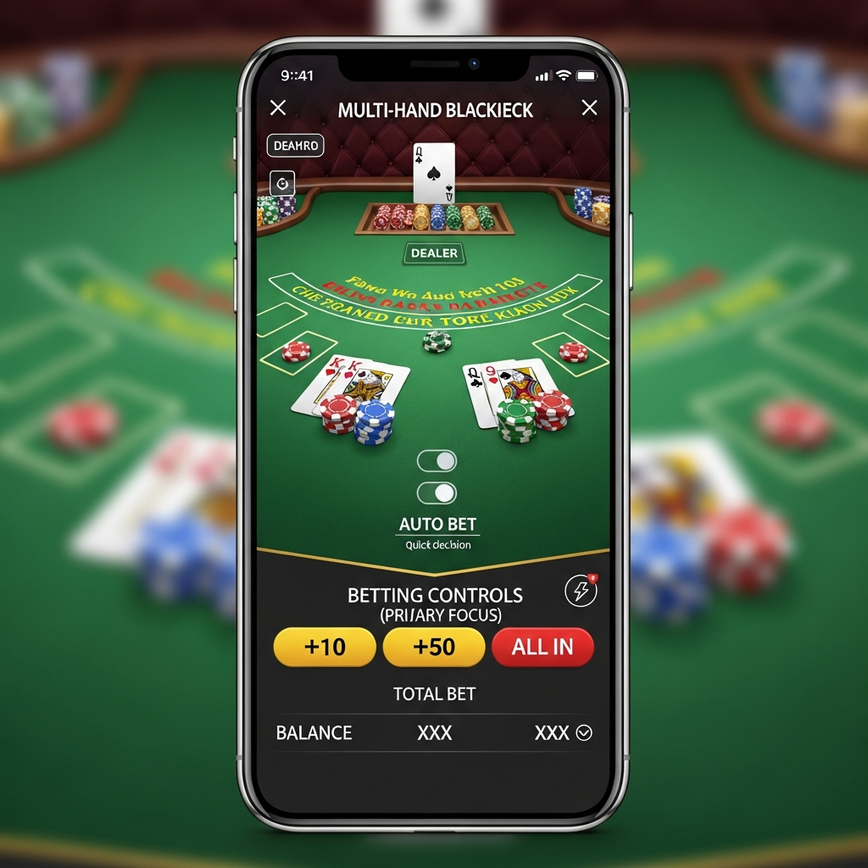 Focuses on bankroll management and the convenience of multi-hand blackjack on mobile devices, showcasing betting controls and a secure interface.